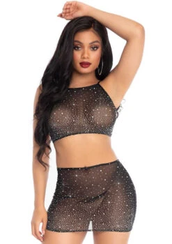 LEG AVENUE LA86152, Rhinestones Crop Top And Matching Mini Skirt