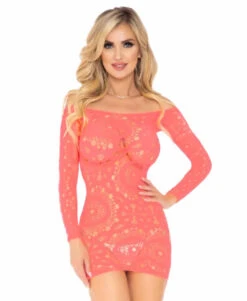 LA86794, Crochet Lace Mini Dress -Funky Lingerie Outlet 86794 Coral 74427.1709342162