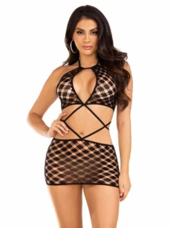 LA87209, Double Net Halter Mini Dress
