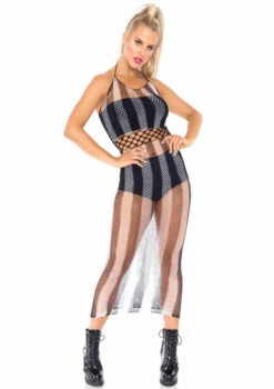 Leg Avenue | LA88022, Striped Fishnet Long Halter Dress