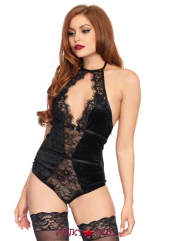LEG AVENUE LA-89214, Halter Velvet Teddy -Funky Lingerie Outlet 89214 01 001 45584.1669488899