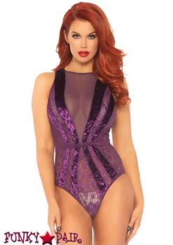 LEG AVENUE LA89236, Velvet And Floral Lace Teddy -Funky Lingerie Outlet 89236 Purple 78000.1542179980