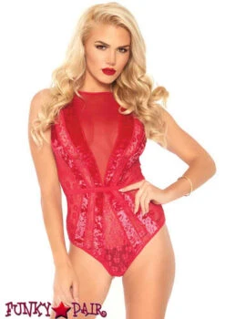 LEG AVENUE LA89236, Velvet And Floral Lace Teddy -Funky Lingerie Outlet 89236 Red 49203.1542179975