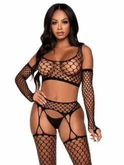 LA89301, Net Crop Top, Garter Stockings, And Gloves Set By Leg Avenue
