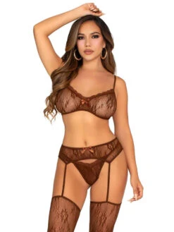 LA89348, Lace Bra Top, G-string And Garterbelt With Attached Stocking