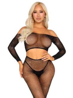 LA89354, Rhinestones Crop Top And Footless Tights -Funky Lingerie Outlet 89354 001 001 57592.1742447959