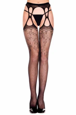 MUSIC LEGS ML-911, Fishnet And Lace Detail Suspender Pantyhose