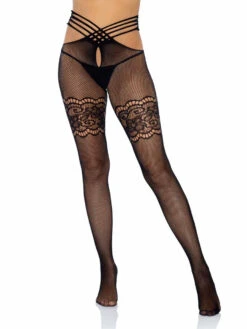 LA-9914, Strappy Wrap Around Tights With Lace Garter Belt By Leg Avenue