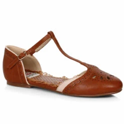 BP100-NANCY, 1" T-Strap Flat Shoe With Cutout Décor By Bettie Page -Funky Lingerie Outlet BP100 Nancy brwn 08009.1645701414