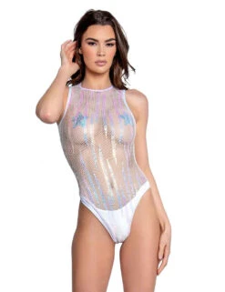 FR107, White/Cosmic Sequin Mesh Bodysuit By J. Valentine