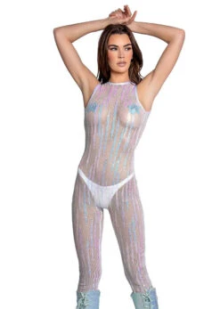 FR108, White/Cosmic Sequin Mesh Catsuit By J. Valentine