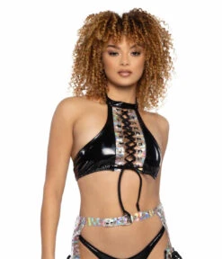 JR-108, Holo Prism & Vinyl Lace-Up Halter Top