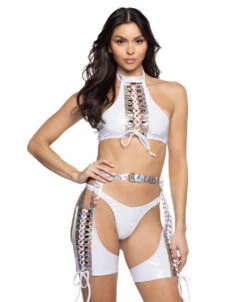 JR-108, Holo Prism & Vinyl Lace-Up Halter Top -Funky Lingerie Outlet JR108 JR109 JR110 WHT FT 69350.1714928529