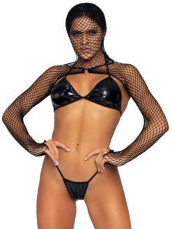 KI4031, Vinyl Bikini Set With Fishnet Hooded Shrug By Leg Avenue