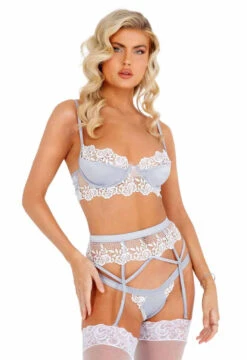 LI406, Embroidered Lace And Satin Bralette Garter Set By Roma -Funky Lingerie Outlet LI406 Slvr 87426.1629144335