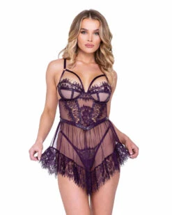 Roma R-LI655, Eyelash Lace And Faux Patent Leather Trim Babydoll Set