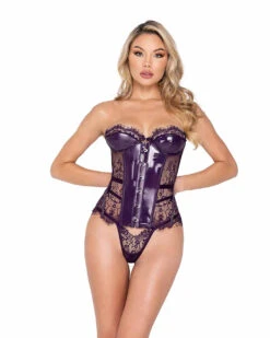 Roma R-LI656, Eyelash Lace And Faux Patent Leather Trim Bustier Set