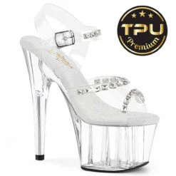PLEASER ADORE-708PREM-STN, 7" Ankle Strap Sandal With Clear Soft Strap And Crystal Rhinestones