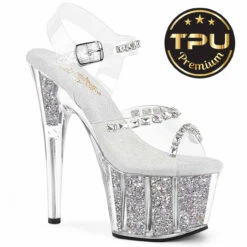 PLEASER ADORE-708PREM-STNG, 7" Ankle Strap Sandal With Crystal Rhinestones And Glitter Insert