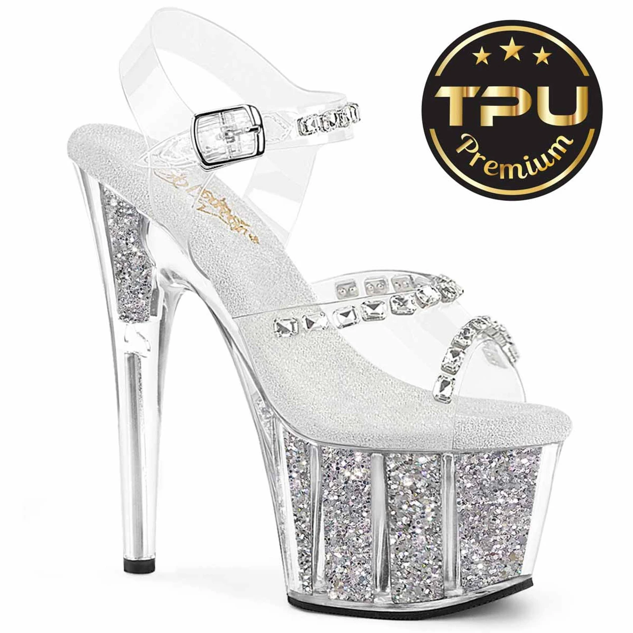 PLEASER ADORE-708PREM-STNG, 7" Ankle Strap Sandal With Crystal Rhinestones And Glitter Insert 3 PLEASER ADORE-708PREM-STNG, 7" Ankle Strap Sandal With Crystal Rhinestones And Glitter Insert