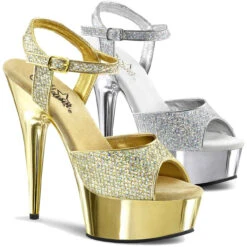 Pleaser | Delight-609G, 6 Inch Glitter Ankle Strap With Chrome Platform
