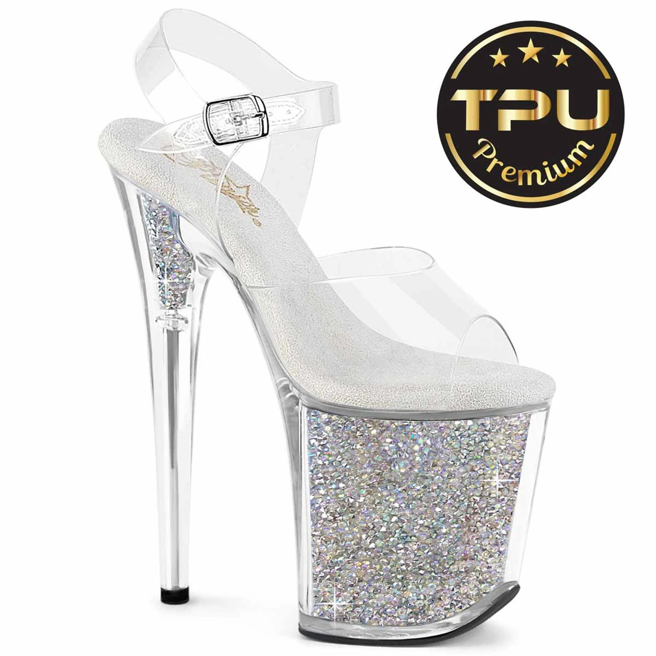 PLEASER FLAMINGO-808PREM-RSI, 8" Ankle Strap Sandal With Clear Soft Strap And Rhinestones Insert In Platform 3 PLEASER FLAMINGO-808PREM-RSI, 8" Ankle Strap Sandal With Clear Soft Strap And Rhinestones Insert In Platform