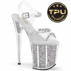 PLEASER FLAMINGO-708PREM-STNG, 8" Ankle Strap Sandal With Crystal Rhinestones And Glitter Insert