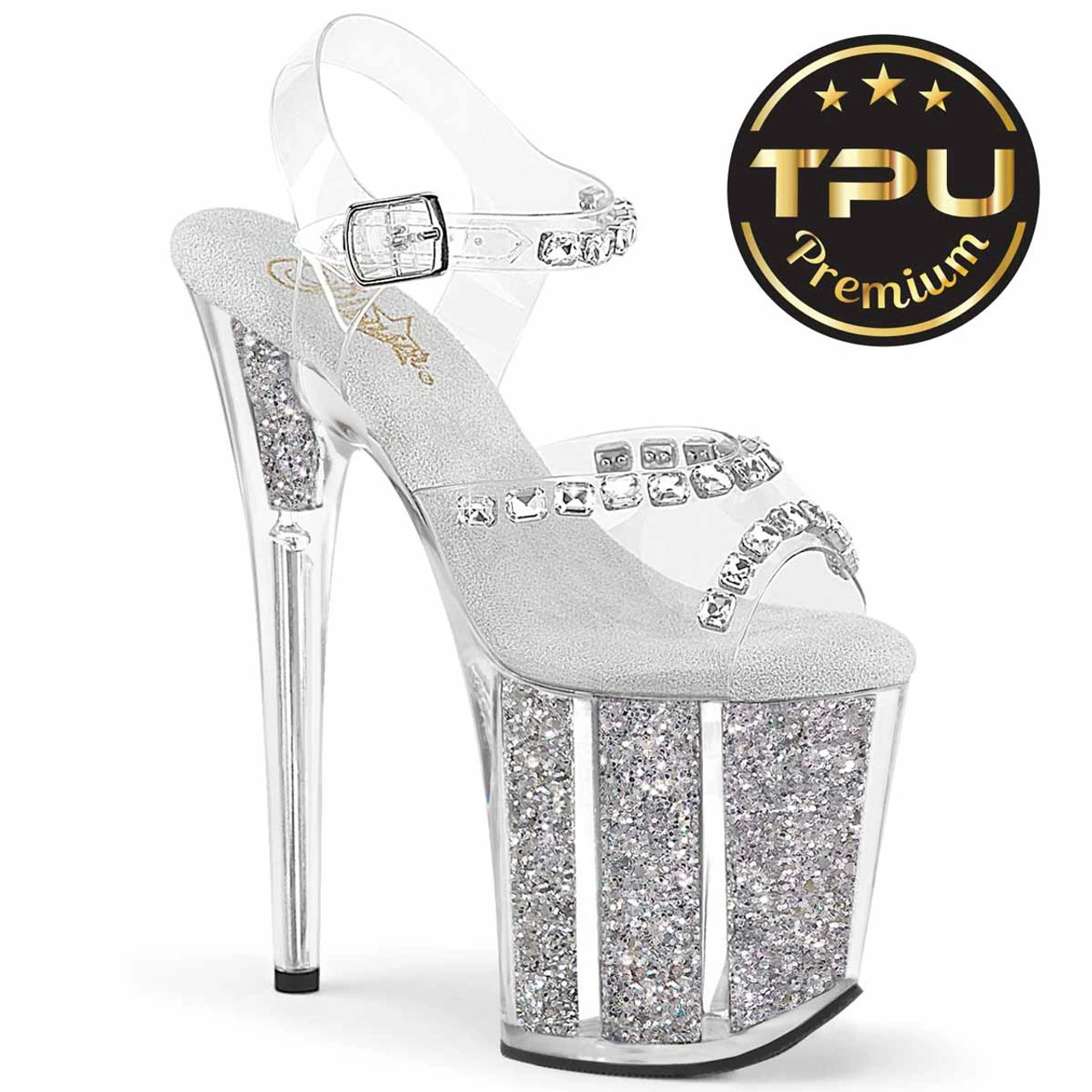 PLEASER FLAMINGO-708PREM-STNG, 8" Ankle Strap Sandal With Crystal Rhinestones And Glitter Insert 3 PLEASER FLAMINGO-708PREM-STNG, 8" Ankle Strap Sandal With Crystal Rhinestones And Glitter Insert