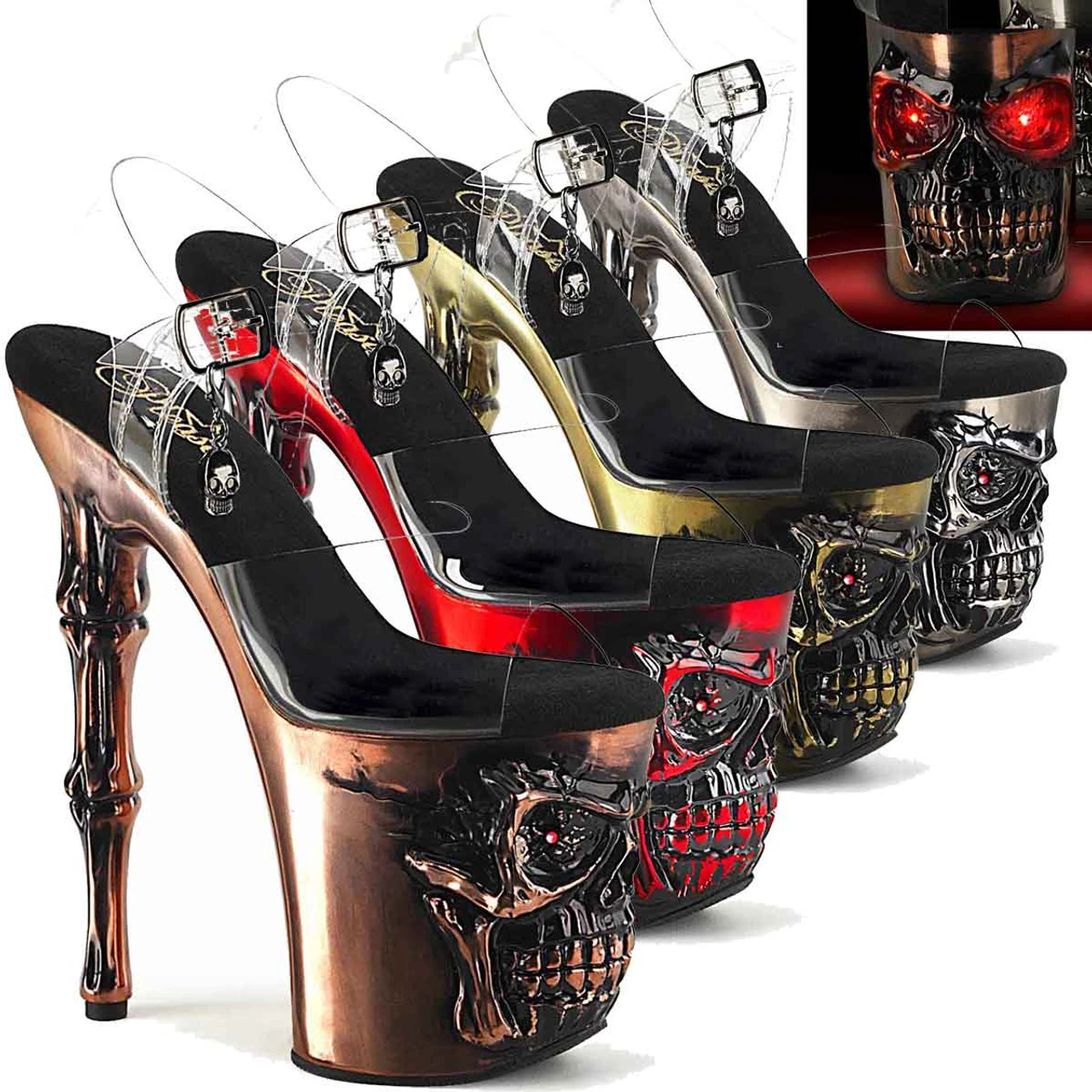 PLEASER RAPTURE-808-LT, 8 Inch Skull Sculpted Platform Ankle Strap Sandal By CLEARANCE 3 PLEASER RAPTURE-808-LT, 8 Inch Skull Sculpted Platform Ankle Strap Sandal By CLEARANCE