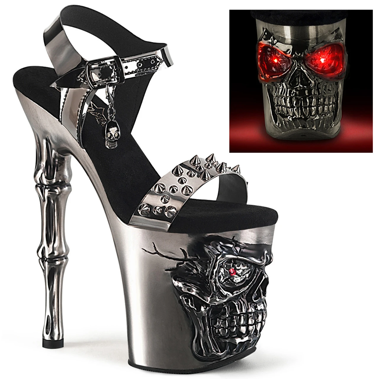 PLEASER RAPTURE-812-LT, 8 Inch Skull Sculpted Platform Ankle Strap Sandal With Spike 3 PLEASER RAPTURE-812-LT, 8 Inch Skull Sculpted Platform Ankle Strap Sandal With Spike