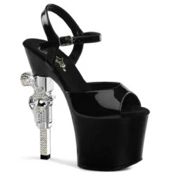 Pleaser | Revolver-709, 7 Inch Black Sandal With Rhinestones Gun Heel