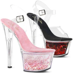 PLEASER SKY-308WHG, 7 Inch Ankle Strap With Flowing Glitters In Platform