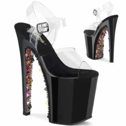 PLEASER XTREME-808PYRS, 8" Heel Platform Ankle Strap Sandal With Pyramids And Rhinestones